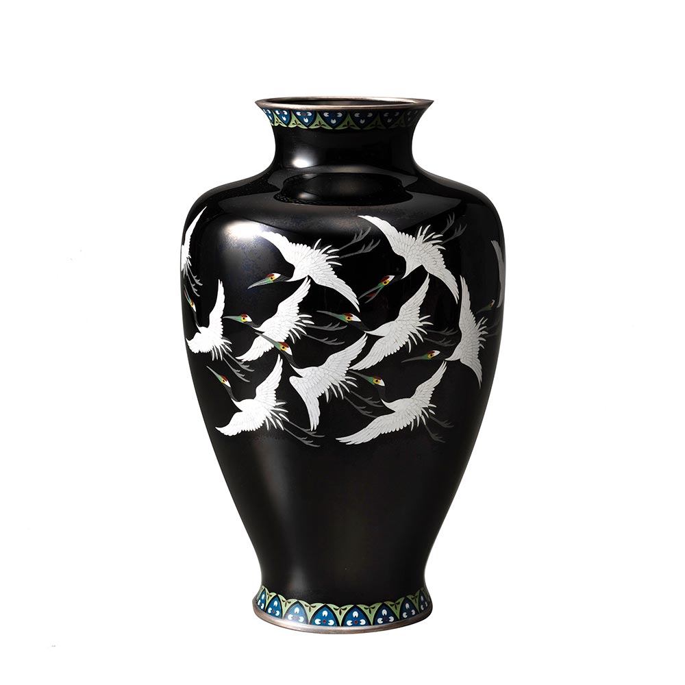 七宝焼、花瓶，金工，金属工芸，黒い鶴の絵柄の花瓶 約28cm 七宝焼