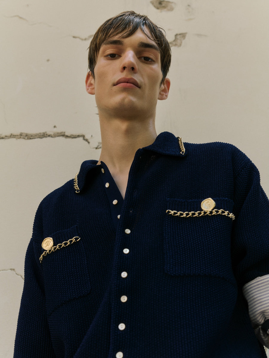 BED J.W. FORD(ベッドフォード)のChain Polo Half-sleeve Sweater NAVY