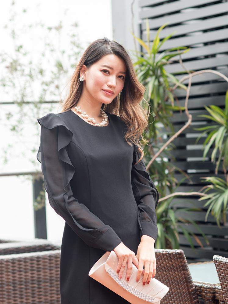 シフォンスリーブドレス(ブラック)K1-278BL-M | パーティドレススタイル