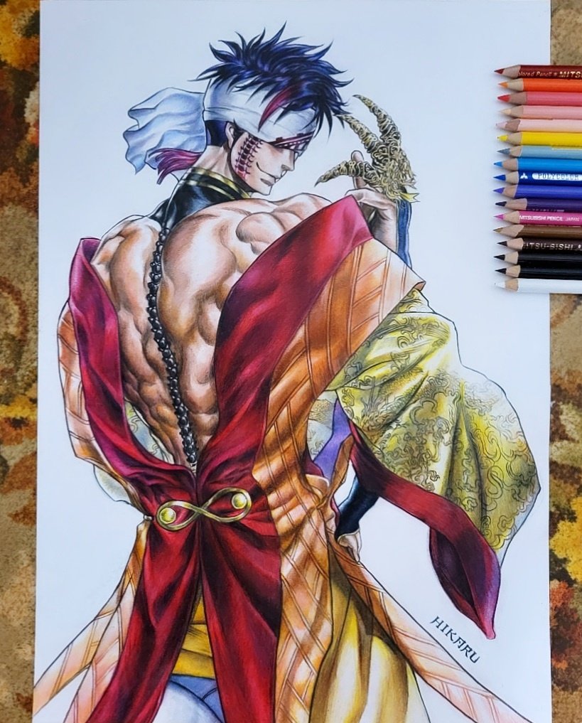 終末のワルキューレの始皇帝を色鉛筆で描きました🙏 刺繍の部分は見え