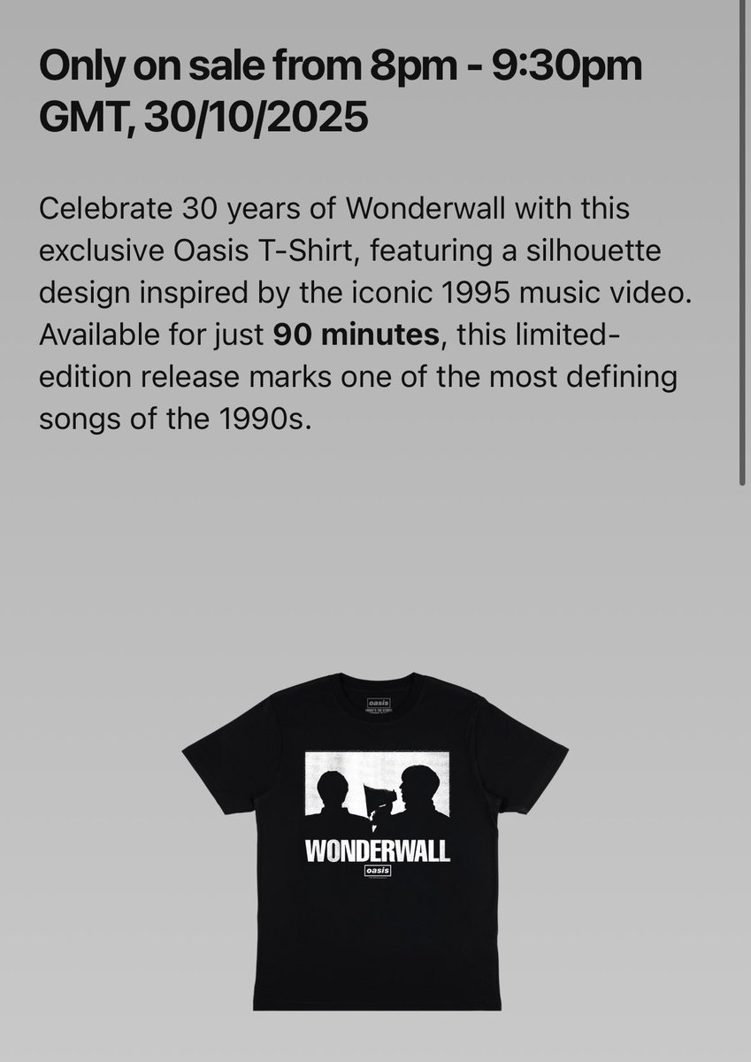 oasisのwonderwall 30周年 Tシャツ✨ 20:00〜21:30 90minutes (日本
