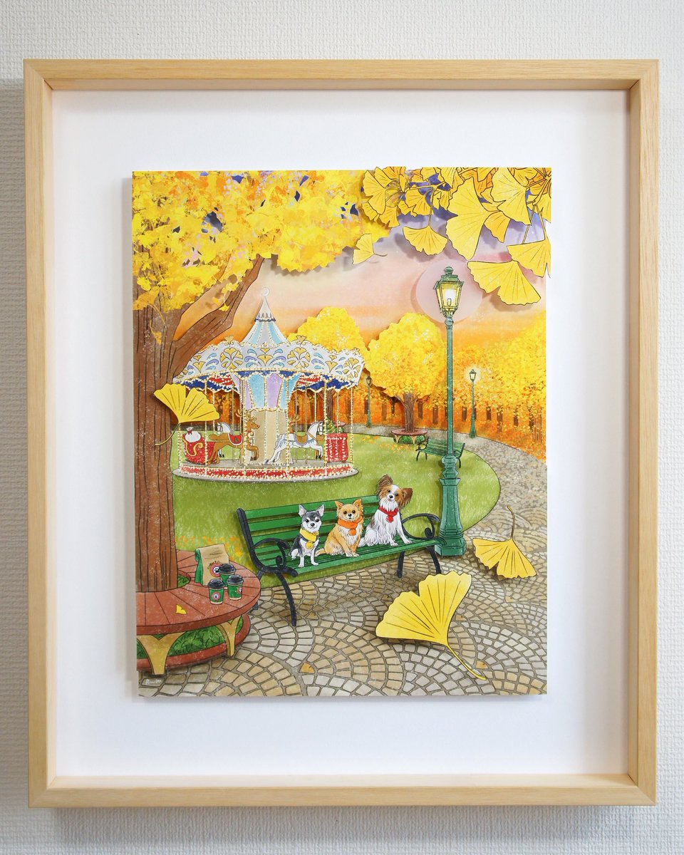 銀杏と御社橋 油絵 額縁付き 銀杏と御社橋油絵額縁付き