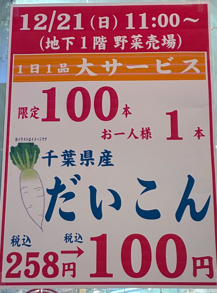 12/21(日曜日) 1日1品大サービス 詳しくはこちらをご覧ください