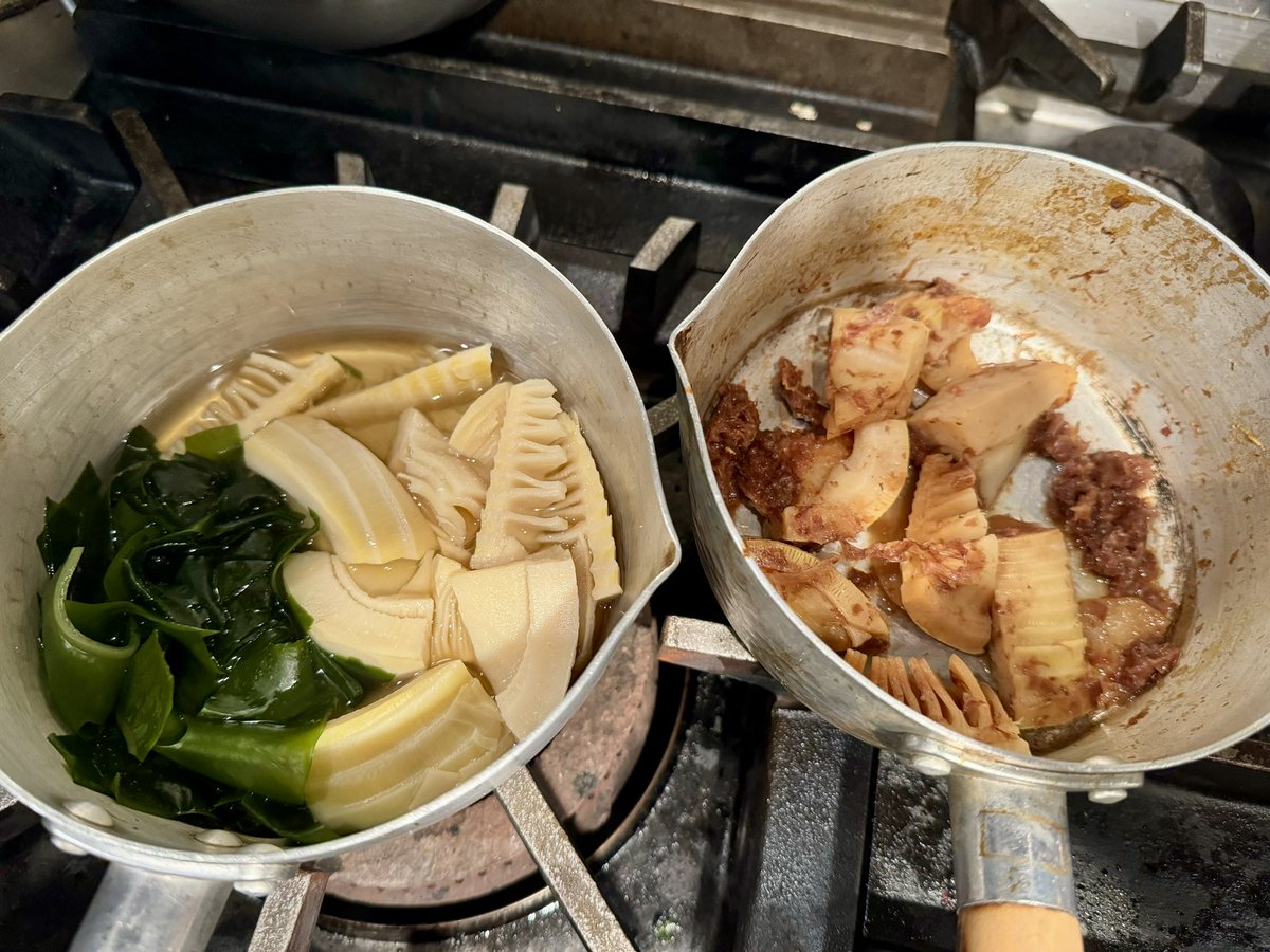 本日レシピ撮影。 若筍煮 筍土佐煮 独活金平 牛肉独活当座煮 マサラ