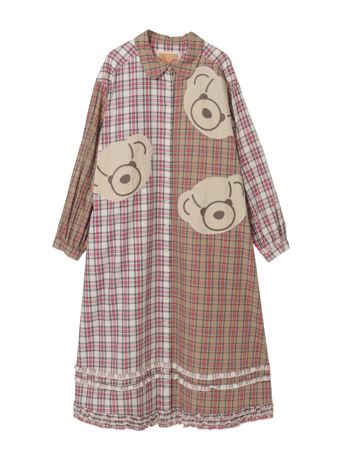 くまアップリケ使いオリジナルタータンチェックワンピース｜ピンク