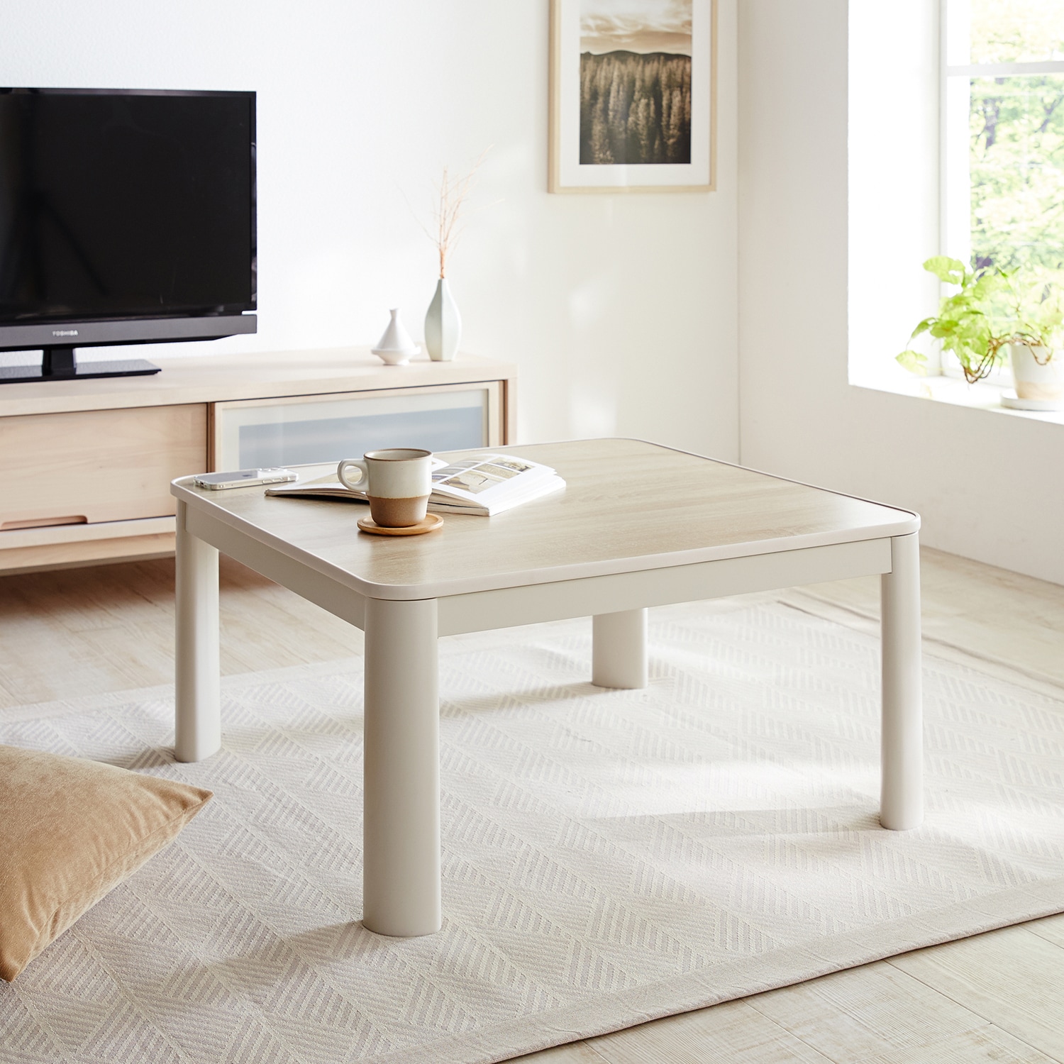 リバーシブル天板の正方形こたつテーブル 【手元コントローラー付き