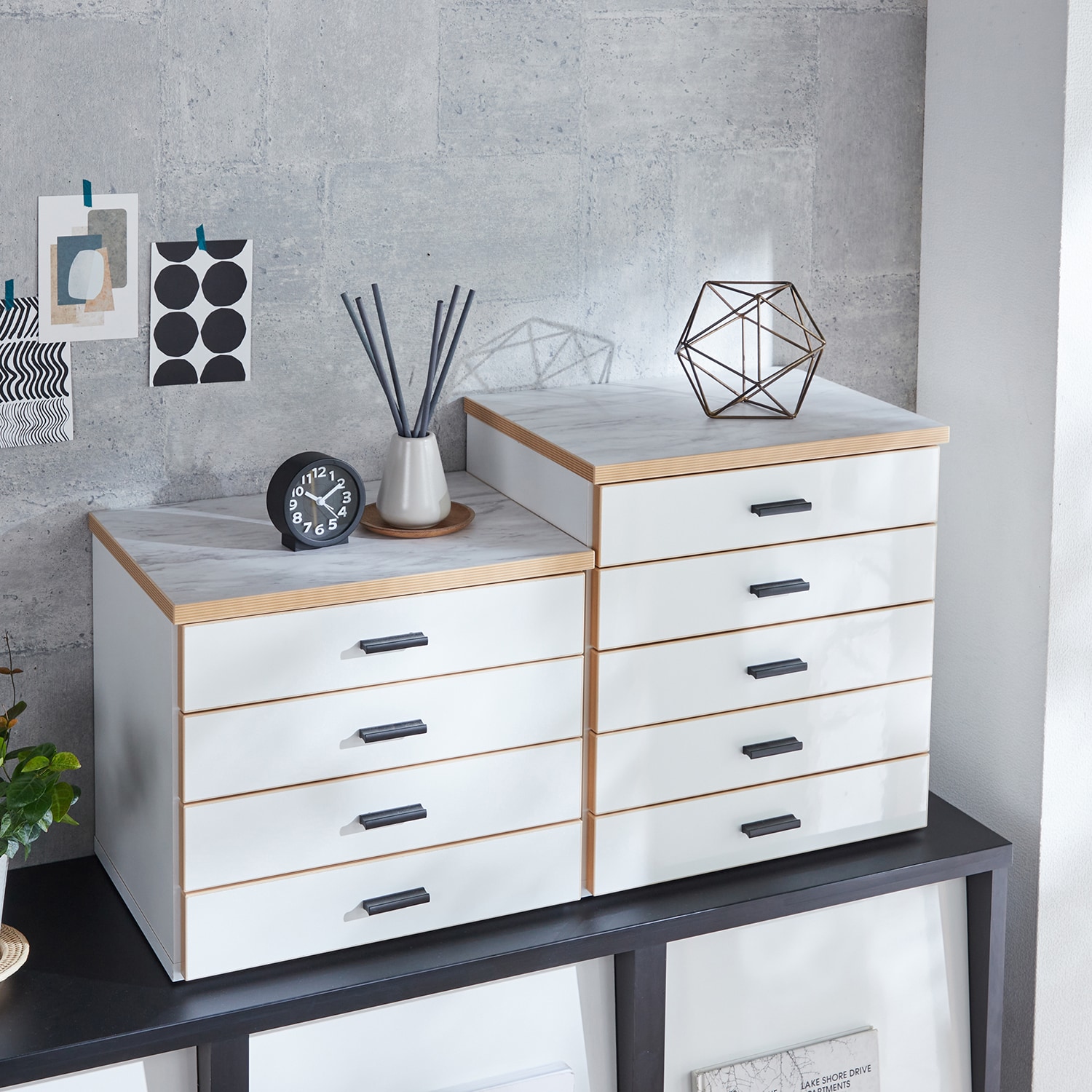 大理石柄天板のミニ多段チェスト［日本製］（キャビネット/リビング