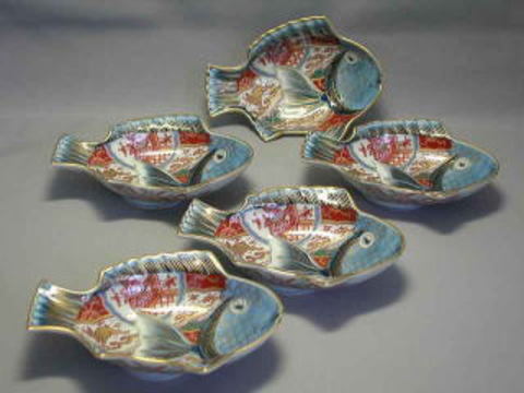 染錦波兎魚型小付け揃い ＜ 和食器 和陶器の店 器楽庵