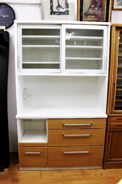 松田家具 キッチンボード 食器棚 W120cm 曇りガラス スライド扉 木目調