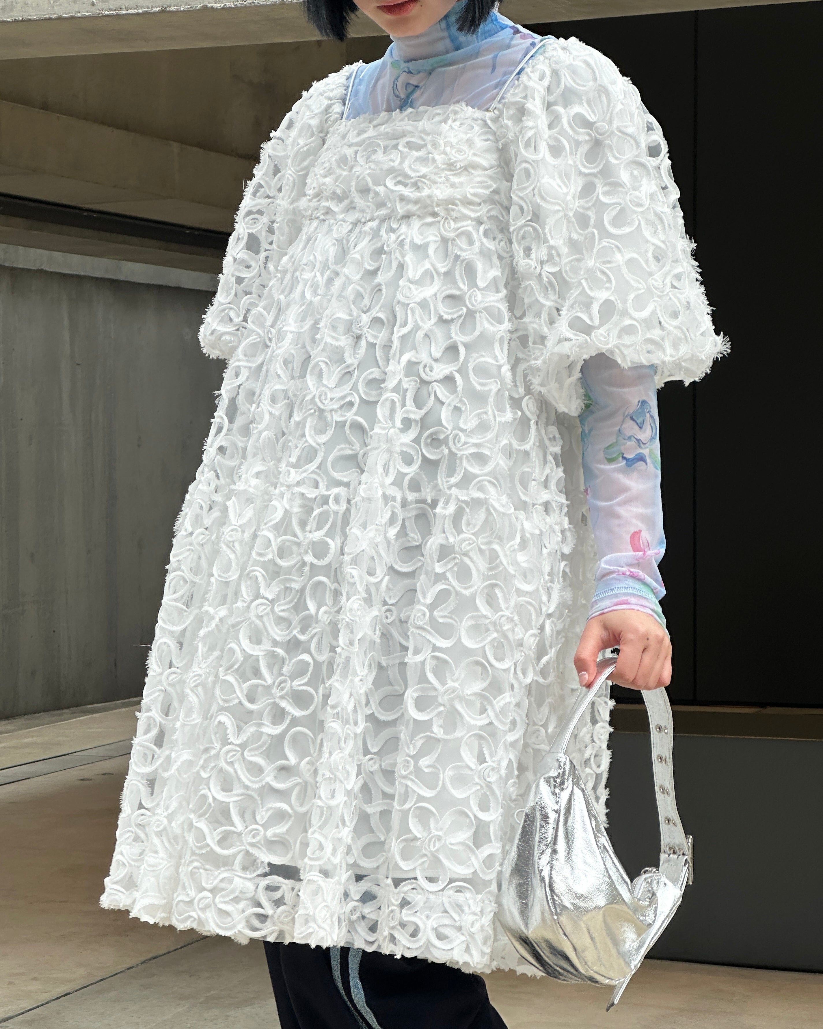 Flower puff sleeve tiered one-piece