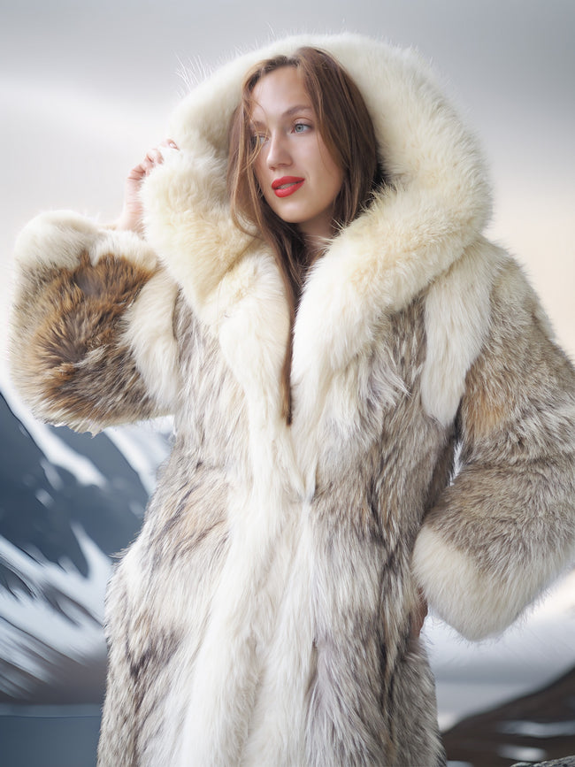 Coyote Fur Parka with Hood | Full-Length Women's Fur Coat with Fox