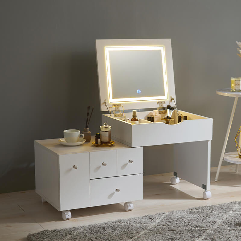 伸縮式ドレッサーテーブル LEDライトつき [幅48-86] 半完成品