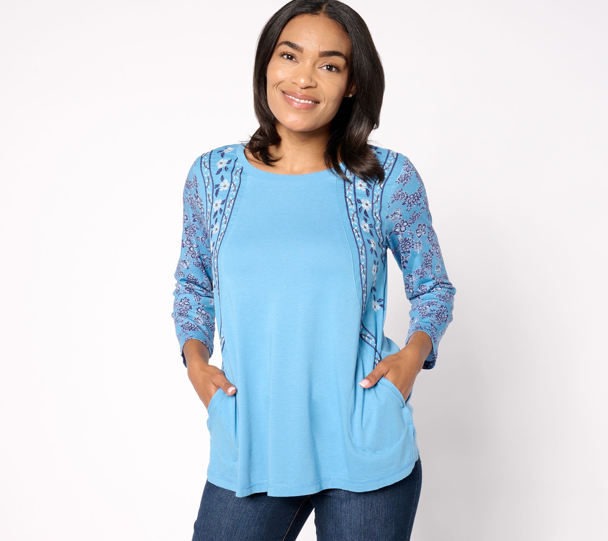 LOGO by Lori Goldstein 3/4 Sleeve Embroidered Print Mix Top - QVC.com