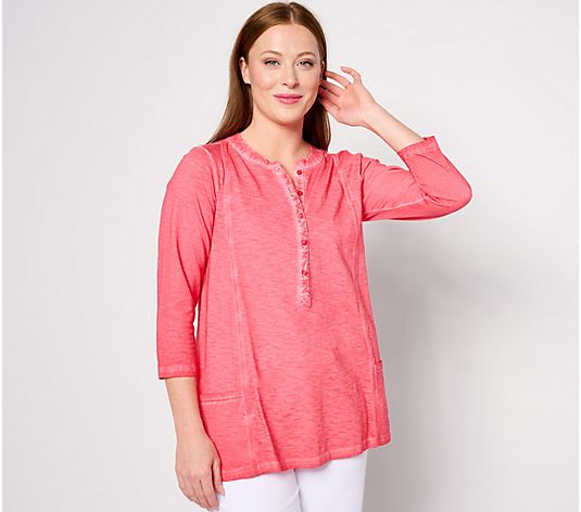 LOGO by Lori Goldstein 3/4-Sleeve Crewneck Henley Cotton Top - QVC.com