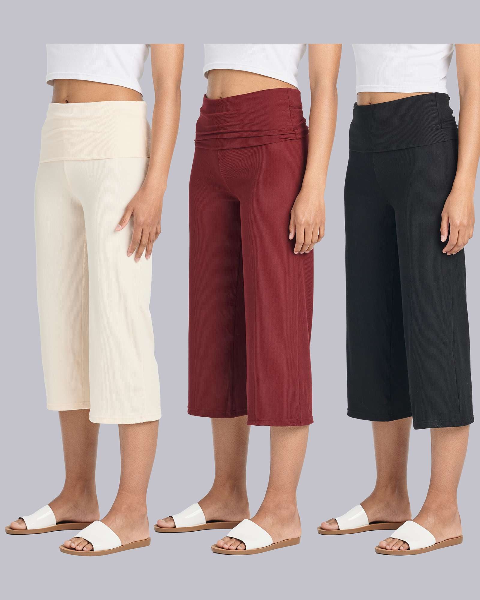 3 Pack: Women's Ribbed Foldover Wide Leg Capri Pants – Real Essentials