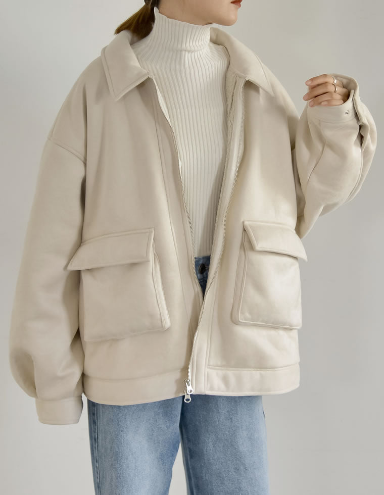 ムートンボアビックポケットミドル丈ステンカラーコート - ジャケット