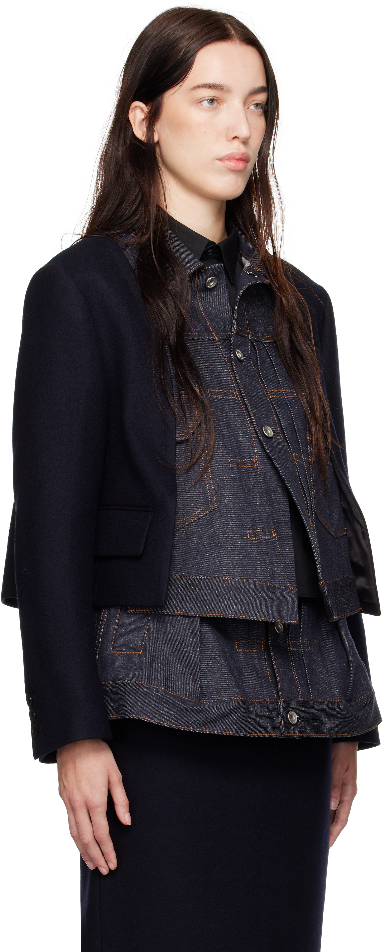 Sacai Navy Wool Melton & Denim Jacket - Jackets - BeyondStyle