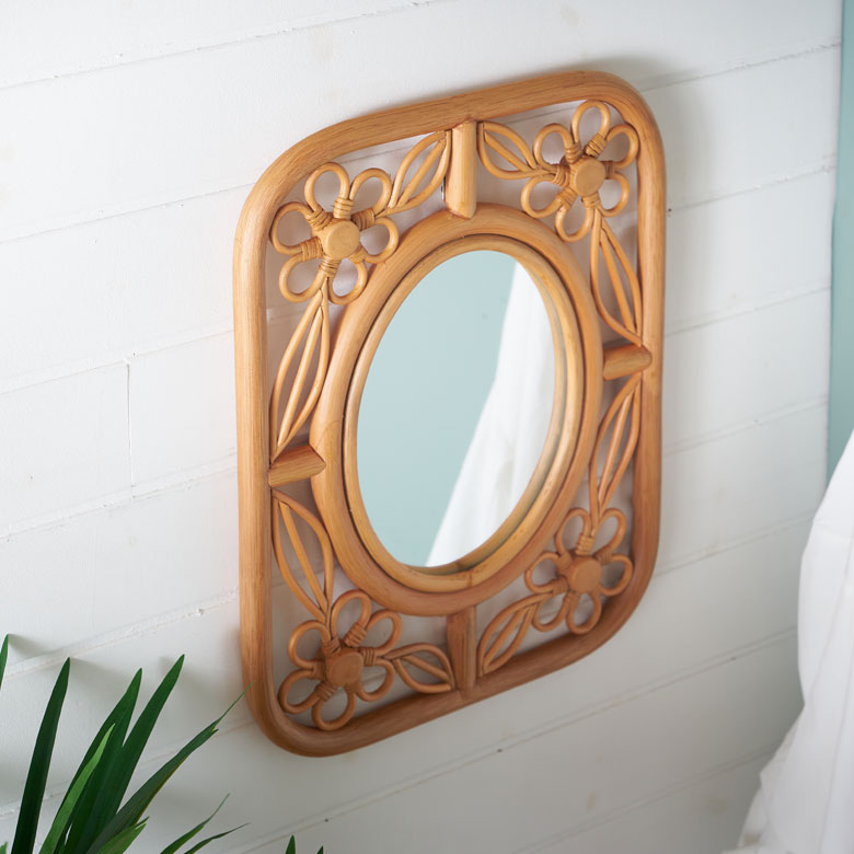 ミラー 鏡 ラタン 籐 取り付け用フック付き 約 W 32.5cm D 2cm H 42cm