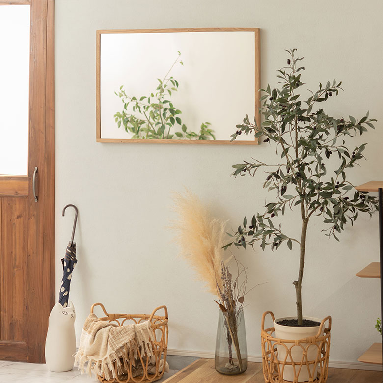 鏡 壁掛けミラー 長方形 オーク材 ナチュラル 約 W 58cm D 3cm H 88cm