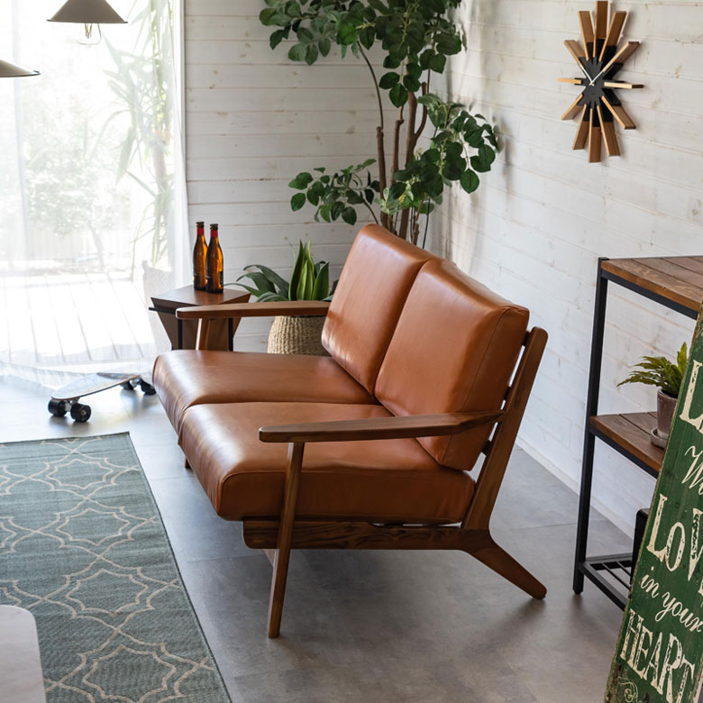 ソファ 2人掛け 本革 木 幅 125cm キャメル ブラウン [91479]【 レザー