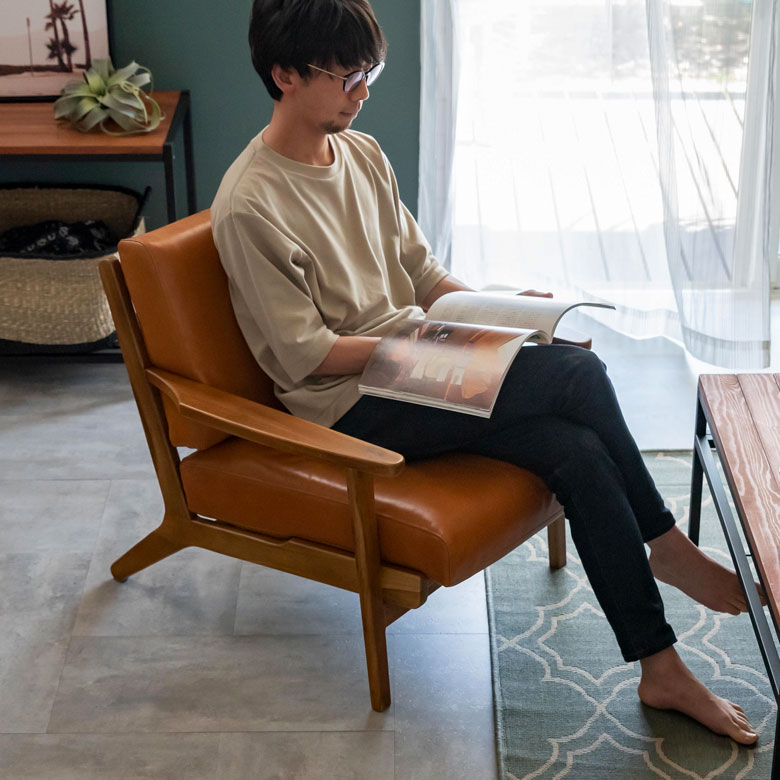 ソファ 1人掛け 本革 木 幅 69cm キャメル ブラウン [91480]【 レザー