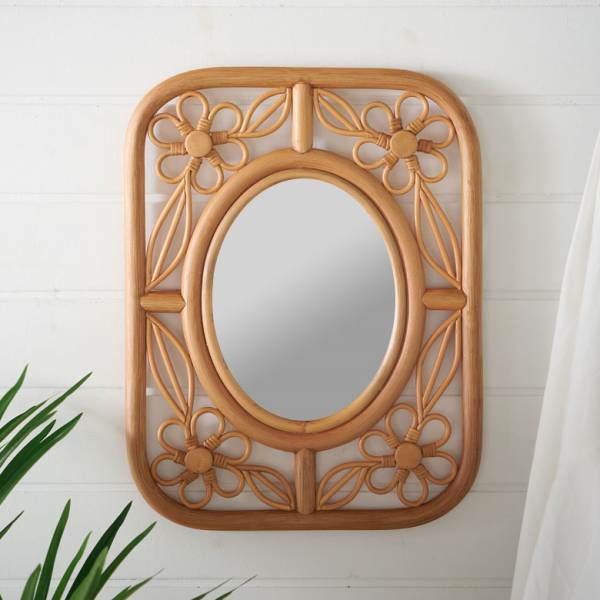 ミラー 鏡 ラタン 籐 取り付け用フック付き 約 W 32.5cm D 2cm H 42cm