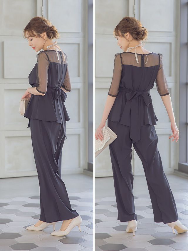 SALE] シースルー袖ビスチェ風デザインパンツセットアップパーティー