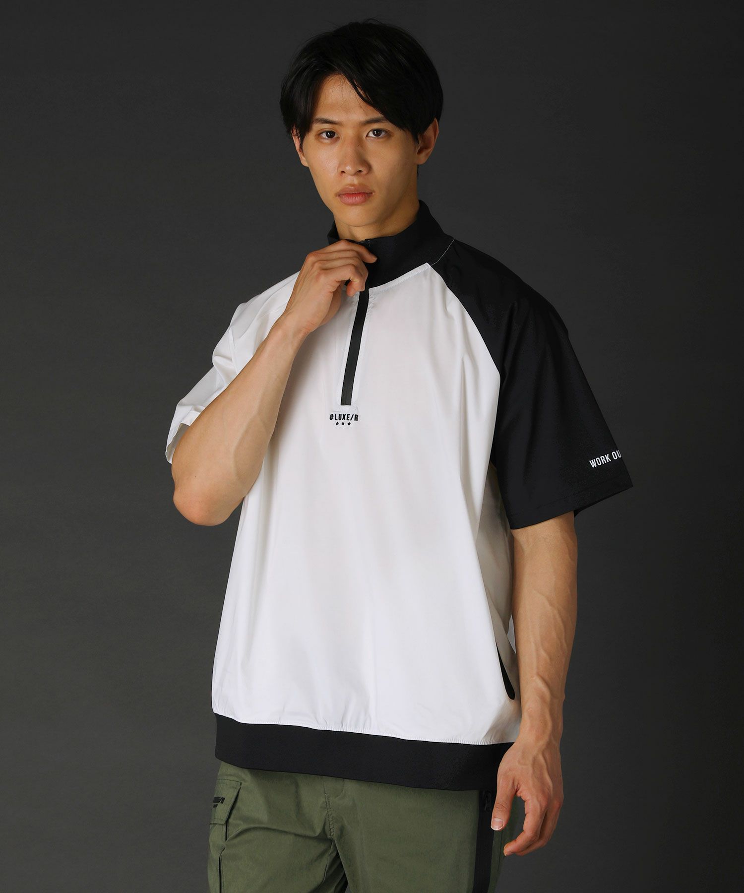 撥水加工コットンナイロンストレッチ布帛ハーフジップ止水ジップ半袖