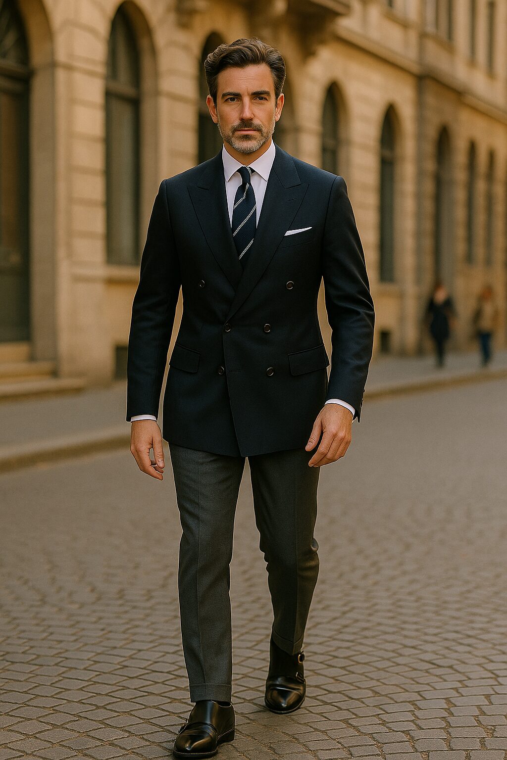 ネイビーダブルブレストジャケット×グレースラックス×ストライプタイ