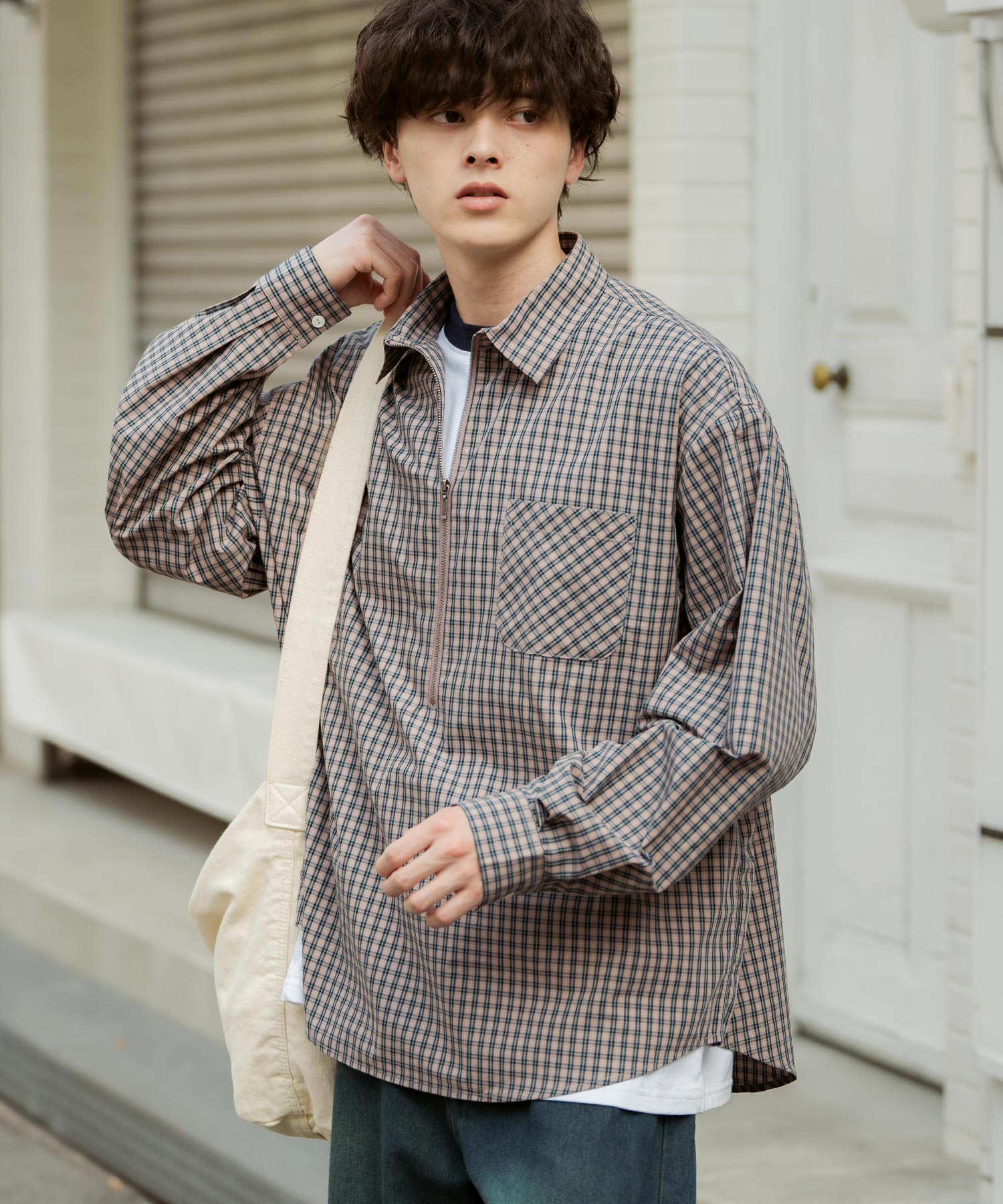 ハーフジップオーバーサイズチェックシャツ/オンブレチェック