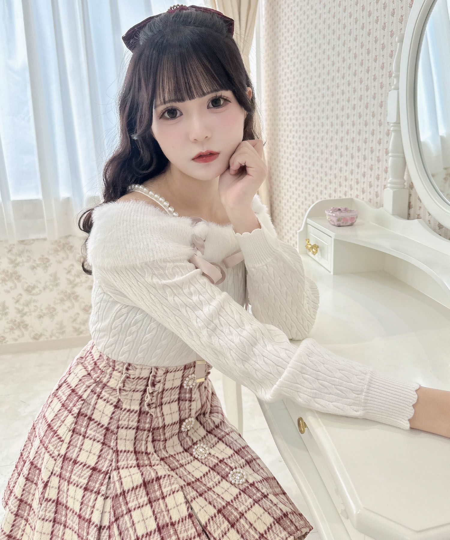 LIZLISA♡レースアップ チェック柄 はしごレース 起毛オフショル