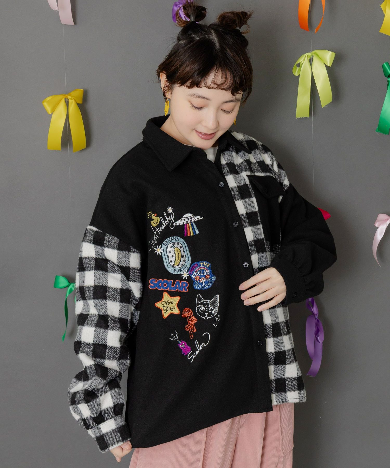 153766：POP刺繍×チェック柄シャツの通販-ScoLar