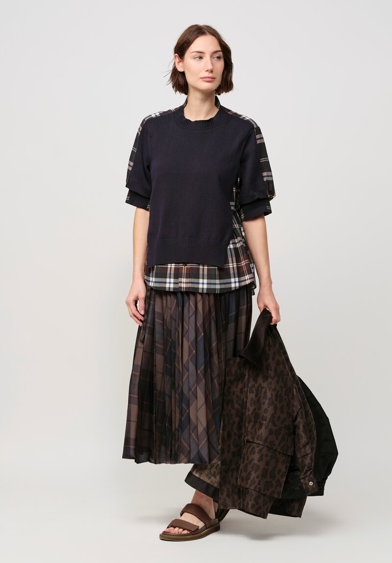 Sacai Plaid & Navy Knit Paneled Pullover | Santa Fe Dry Goods