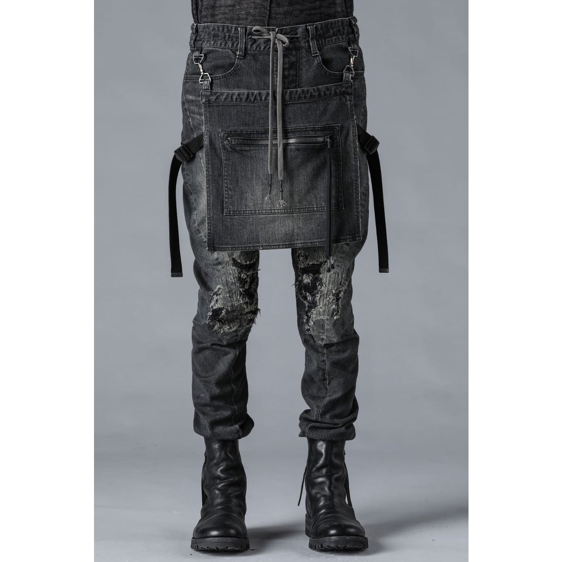 D.HYGEN Bum Flap Distressed Denim Drop Crotch Slim Pants （BLACK