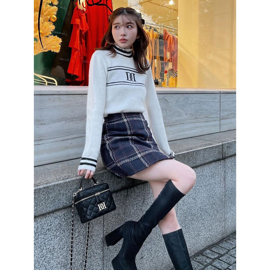 ダーリッチ Darich チェックフラップミニスカート （ネイビー） -靴