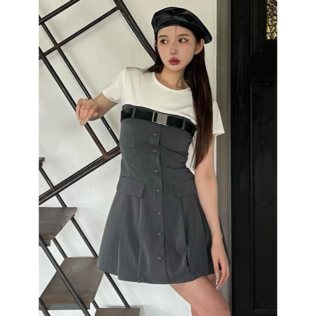 ダーリッチ Darich レイヤードベルトミニワンピース （グレー） -靴