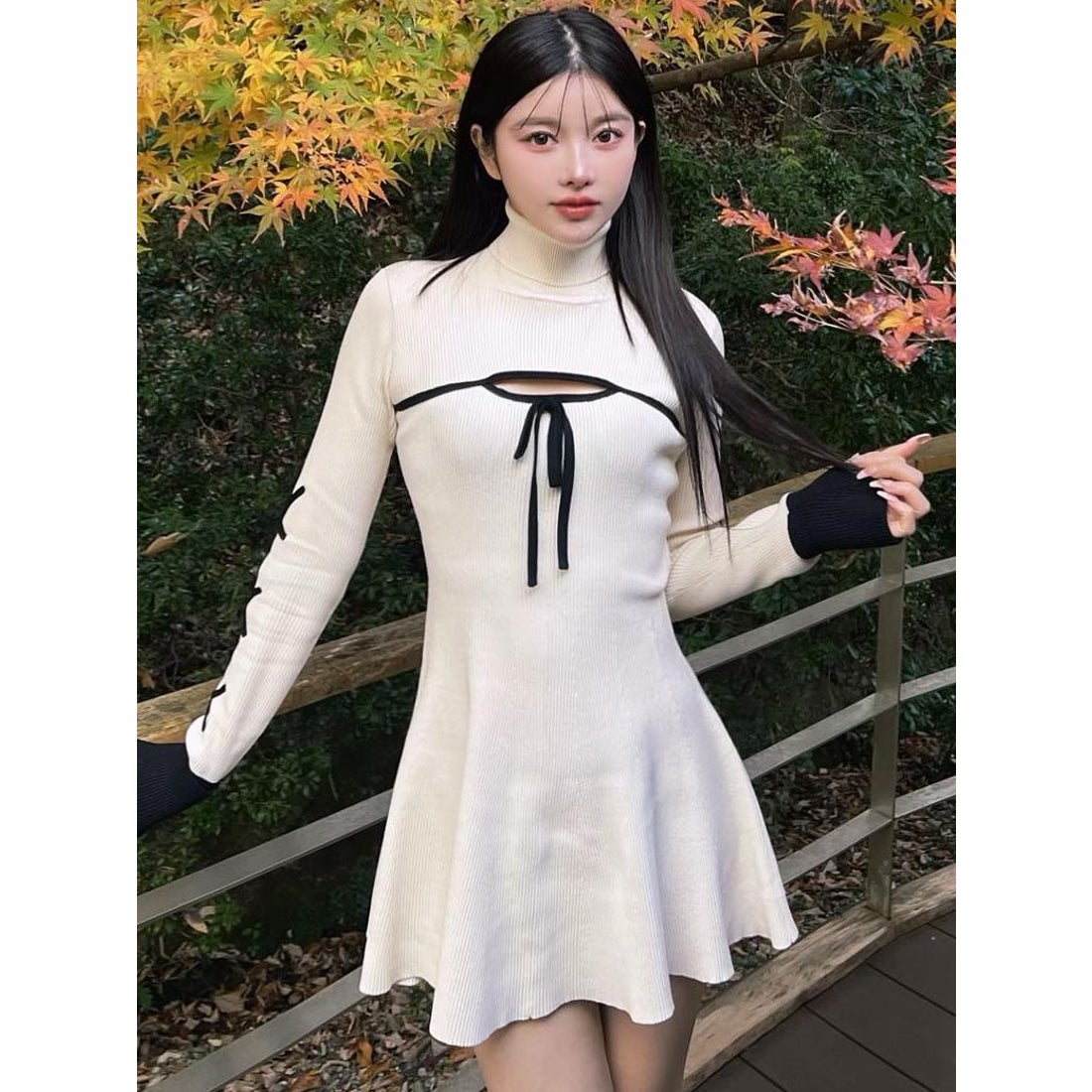 ダーリッチ Darich バイカラーリボンデザインニットミニワンピース