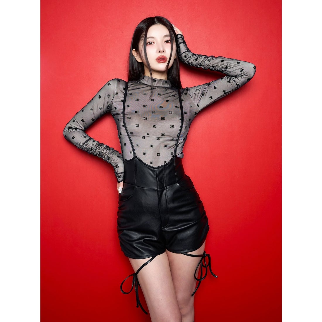 ダーリッチ Darich リボンレザーショートサロペット （ブラック） -靴