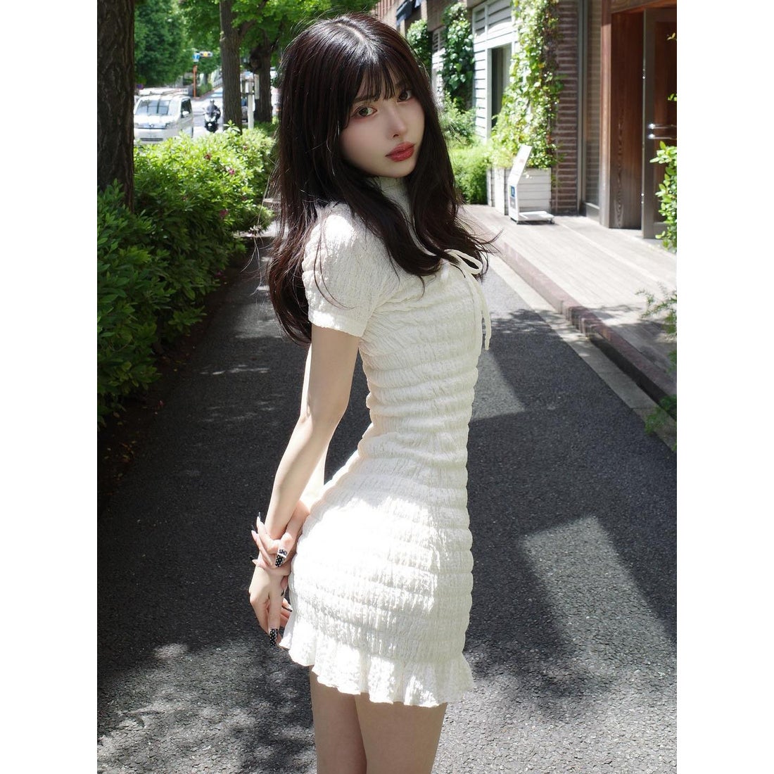 ダーリッチ Darich リボンシャーリングミニワンピース （アイボリー