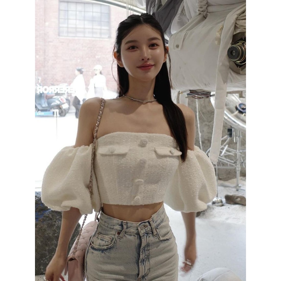 darich パフスリーブ オフショル ツイードトップス ホワイトチューブ