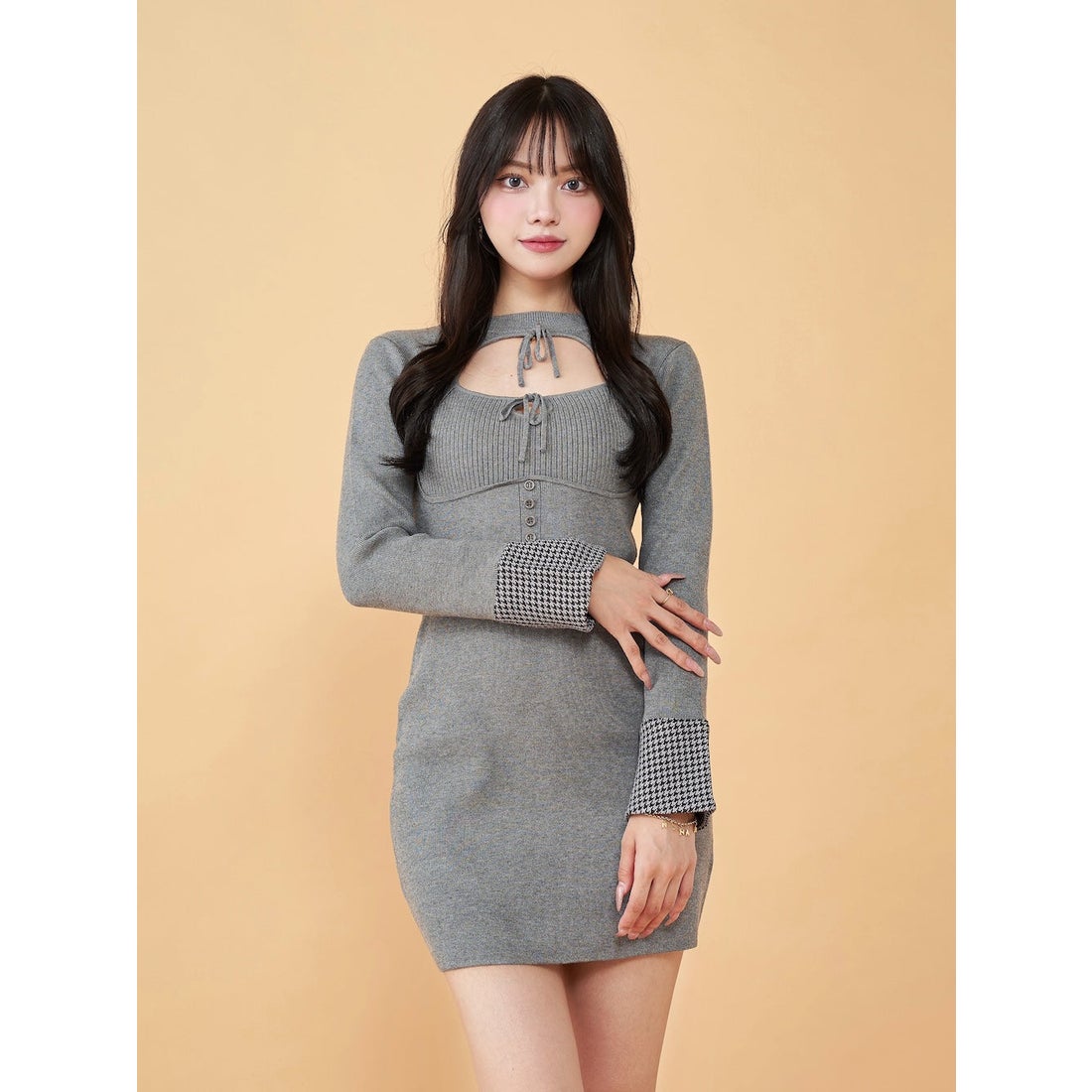 ダーリッチ Darich フロントオープンニットミニワンピース （グレー