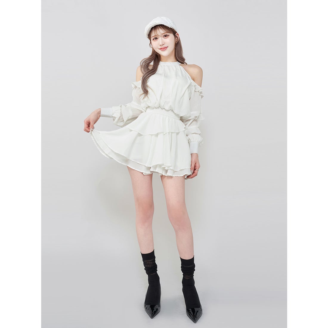 ダーリッチ ボリュームシフォンミニワンピース ピンクベージュ