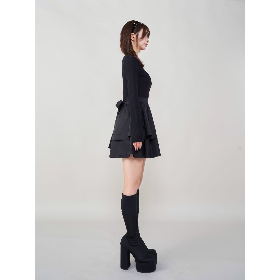 ダーリッチ Darich バックリボンティアードミニワンピース （ブラック