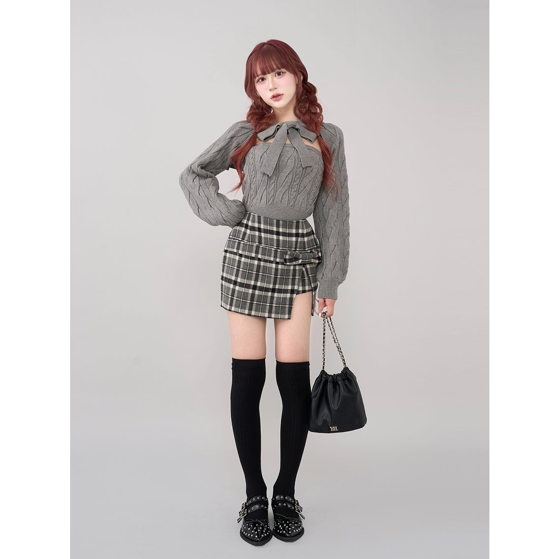 ダーリッチ Darich スリットチェックリボンミニスカート （ブラウン