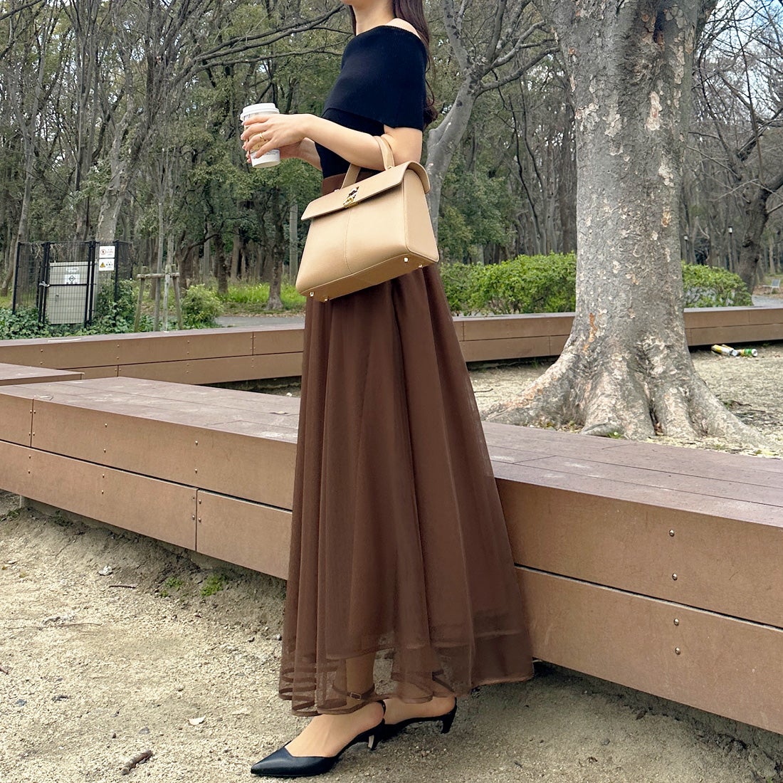 ルエレ Louere Louere 裾パイピングチュールフレアスカート （ブラウン