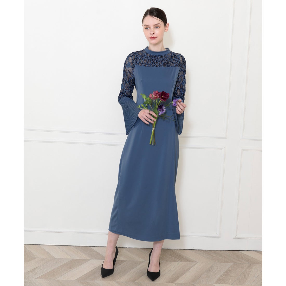 レジャ Leja レース切替スリットAラインロングドレスワンピース美脚