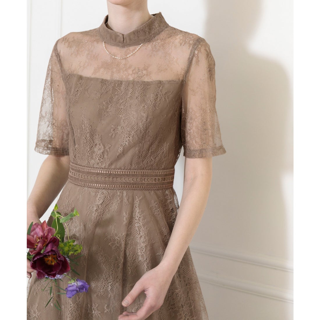 レジャ Leja ハイネック花柄レースウエストマーク透けロングドレス