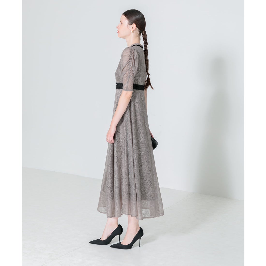 レジャ Leja ウエストマークパフスリーブ総レースロングドレス