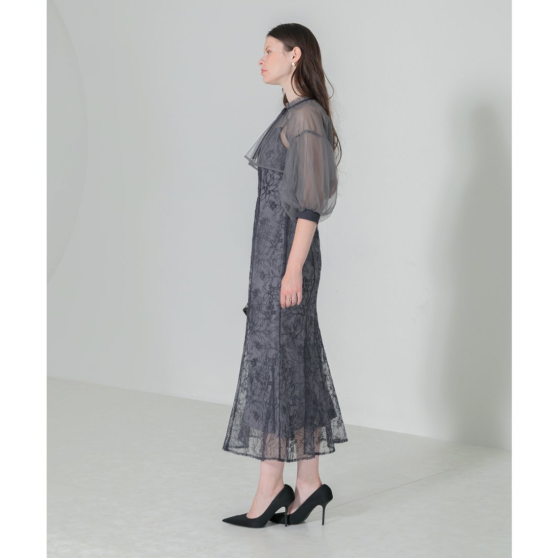 レジャ Leja リボン付きパフスリーブシアーボレロ刺繍レースマーメイド