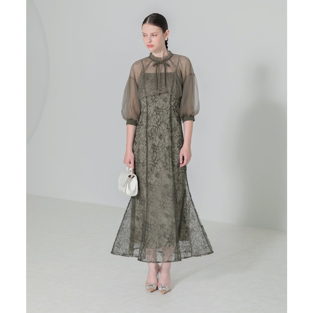 レジャ Leja リボン付きパフスリーブシアーボレロ刺繍レースマーメイド